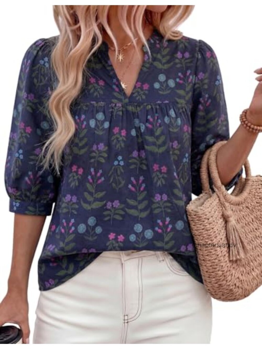 Women's Boho Floral Short Sleeve V-Neck Ruffle Blouse Dressy Casual Summer Top